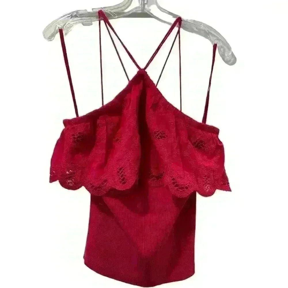 Anthropologie Ruffled Halter Medium Pink Embroidered Crochet Tank Blouse Size S - Picture 3 of 9